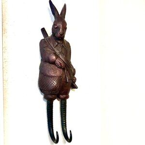 NWT Wall Mount Coat\Towel Hook Black Forest Rabbit Hare Fox Hunt Whip Holder